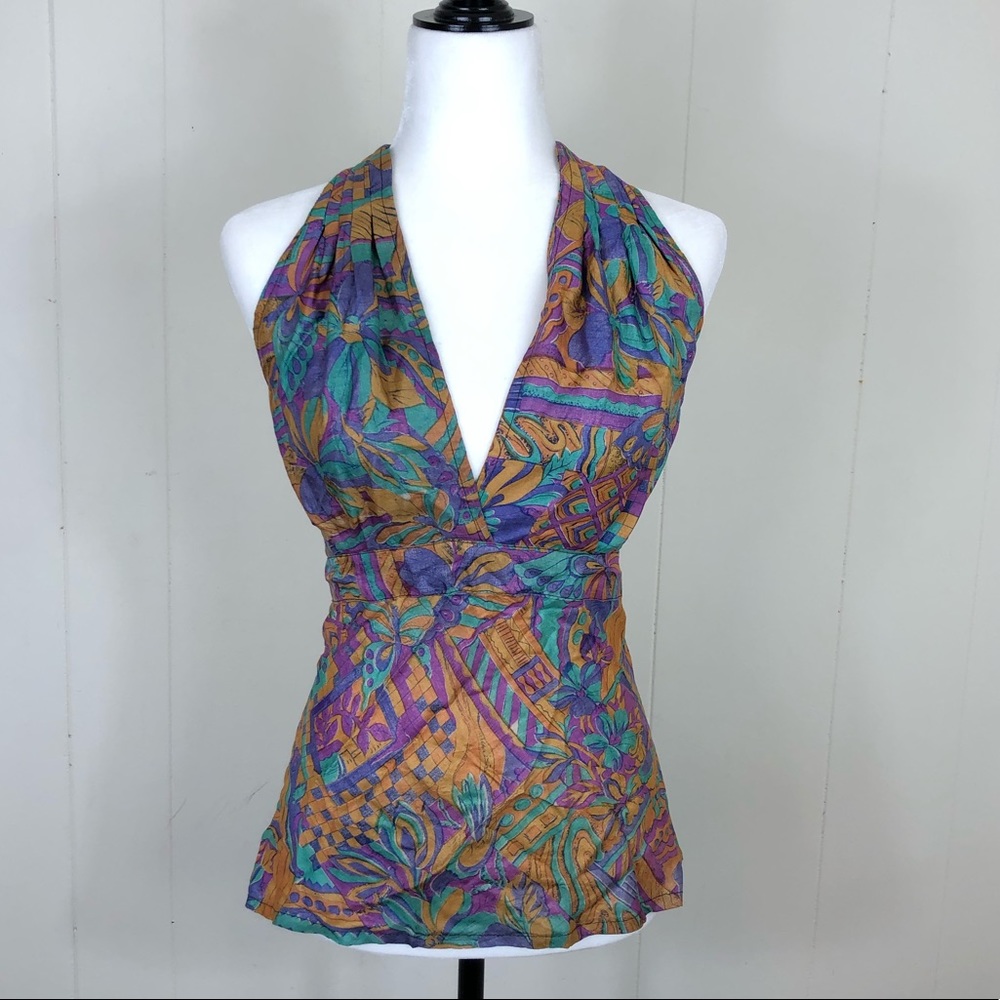 Vintage Abstract Silk Halter‎ Top Sz S